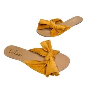 Lulus Orange Mustard Yellow Bow Tie Knot Sandals Flats Size 7.5